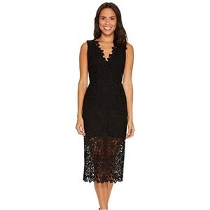 NWT Jill Stuart Black Lace V‑Neck Midi Dress Scalloped Hem Cocktail Sheath 2
